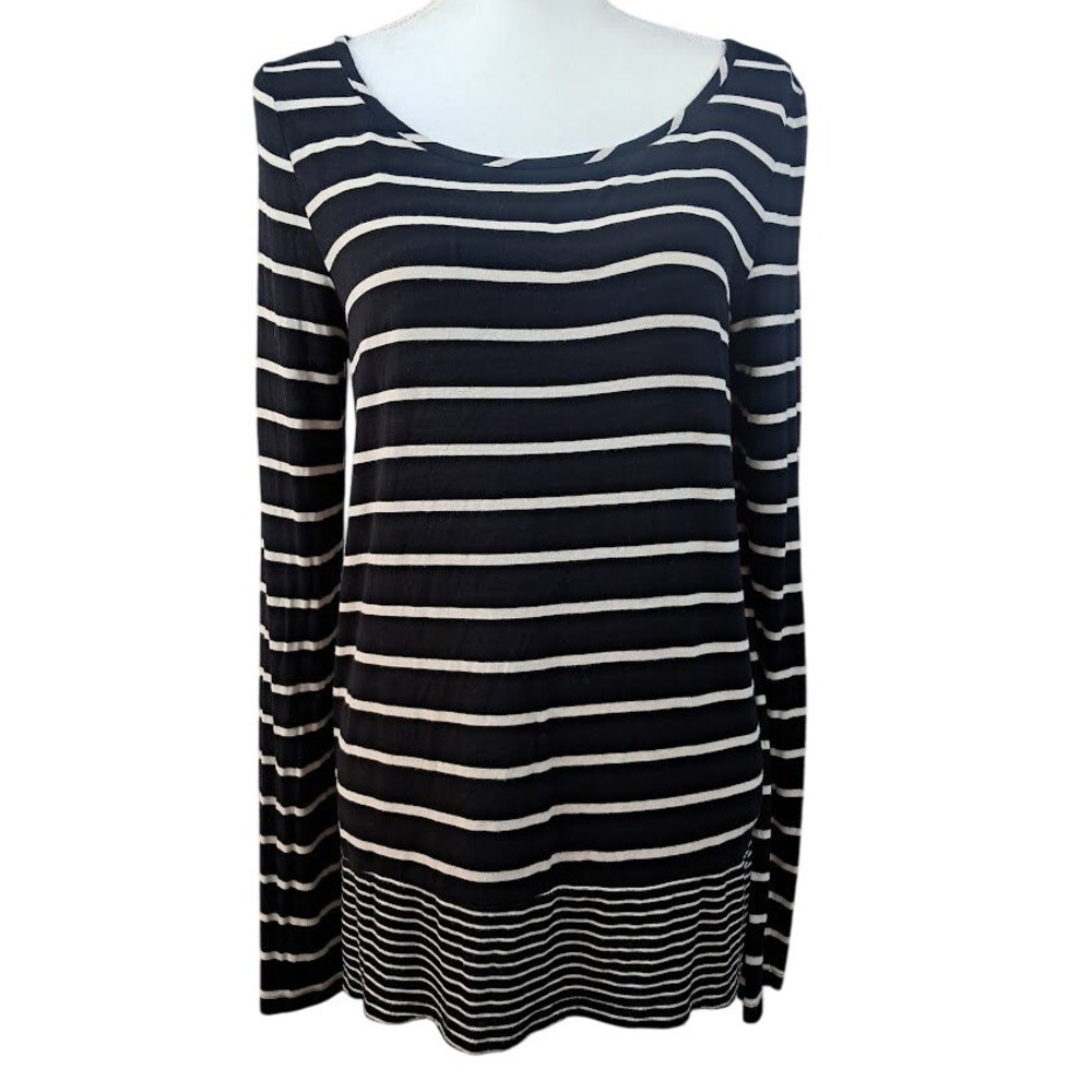 BCBGMAXAZRIA M Black & Cream Striped Tunic High‎ Low Hem Long Sleeve Lightweight